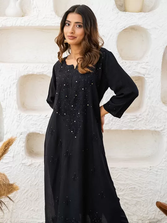 Ulfat Rayon Gold Mukaish Chikankari Straight Kurti