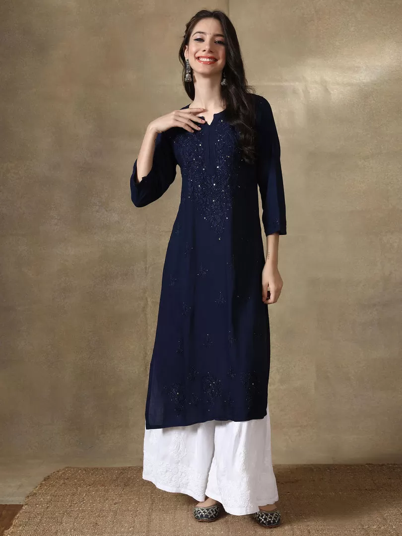 Ulfat Rayon Gold Mukaish Chikankari Straight Kurti