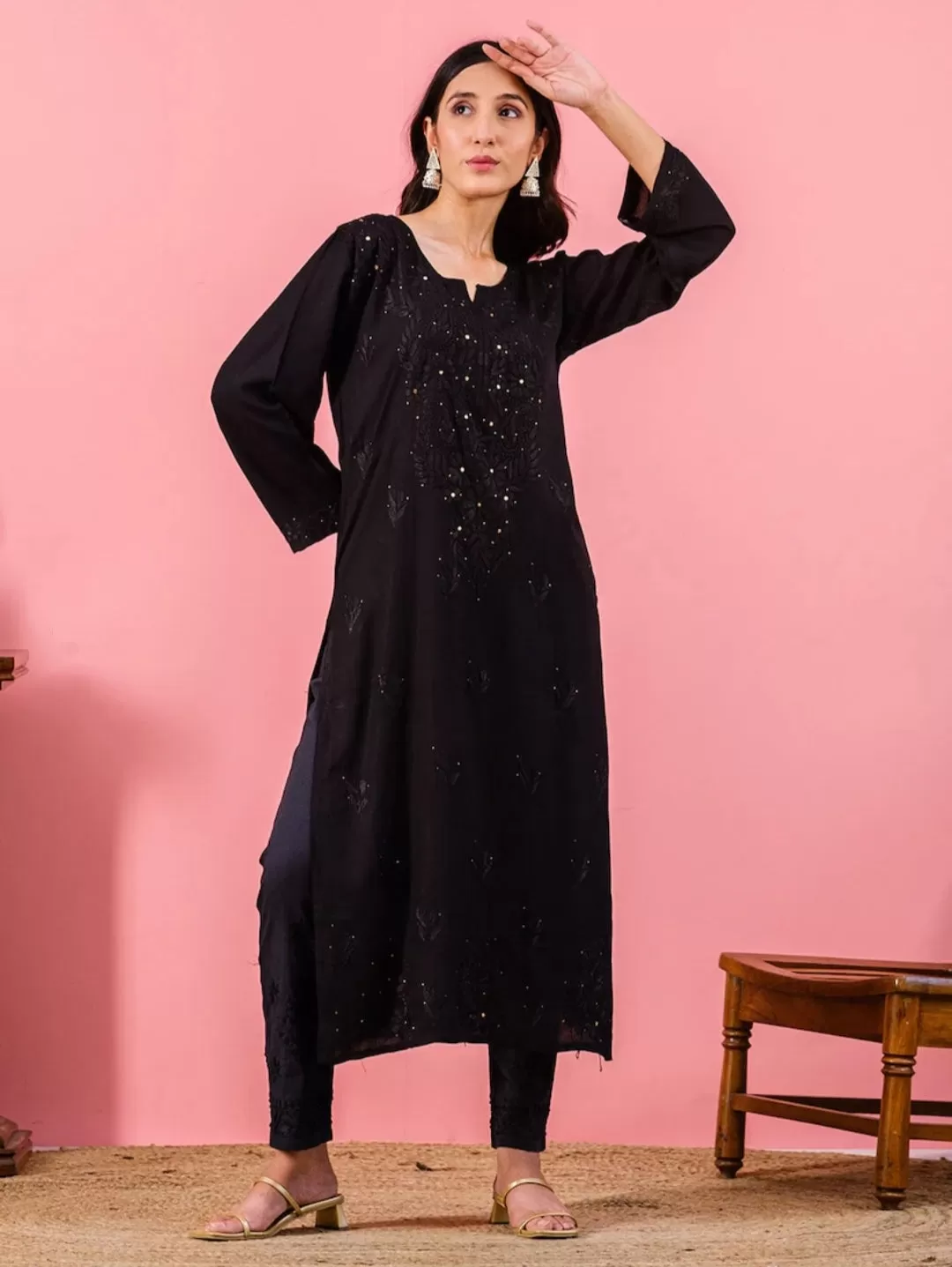 Ulfat Rayon Gold Mukaish Chikankari Straight Kurti