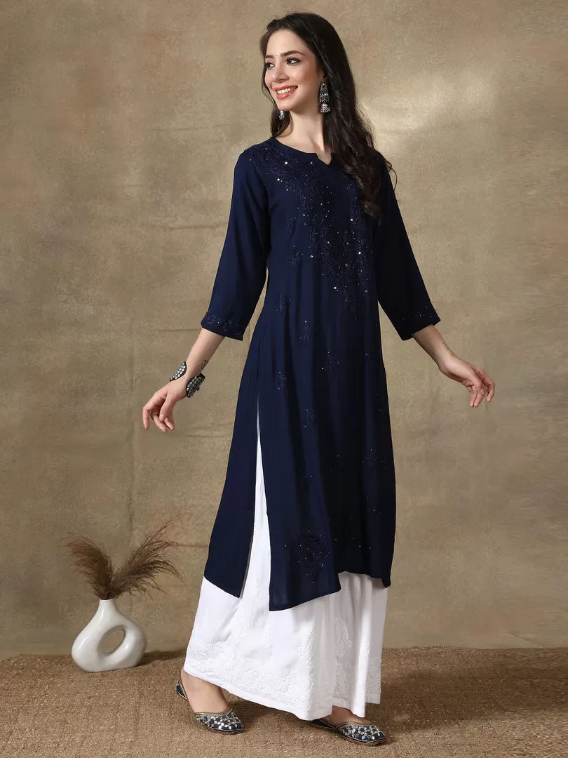 Ulfat Rayon Gold Mukaish Chikankari Straight Kurti