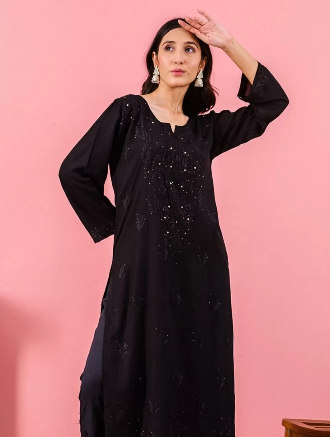 Ulfat Rayon Gold Mukaish Chikankari Straight Kurti