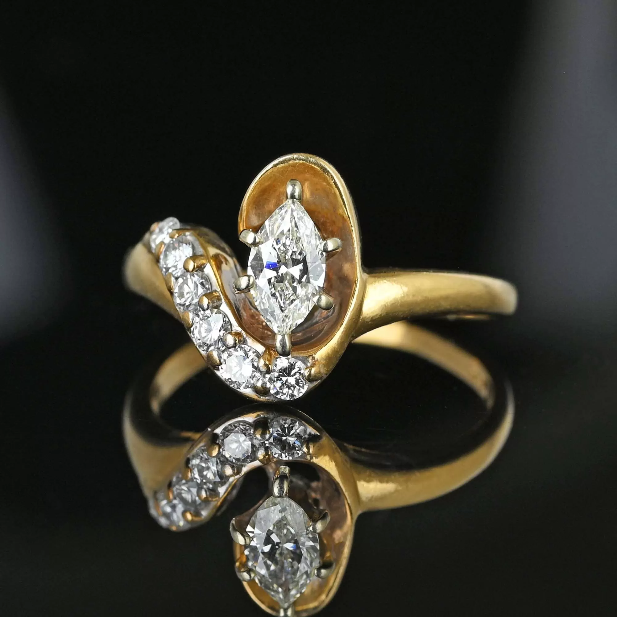 Vintage 14K Gold .75 Carat Marquise Diamond Cocktail Ring