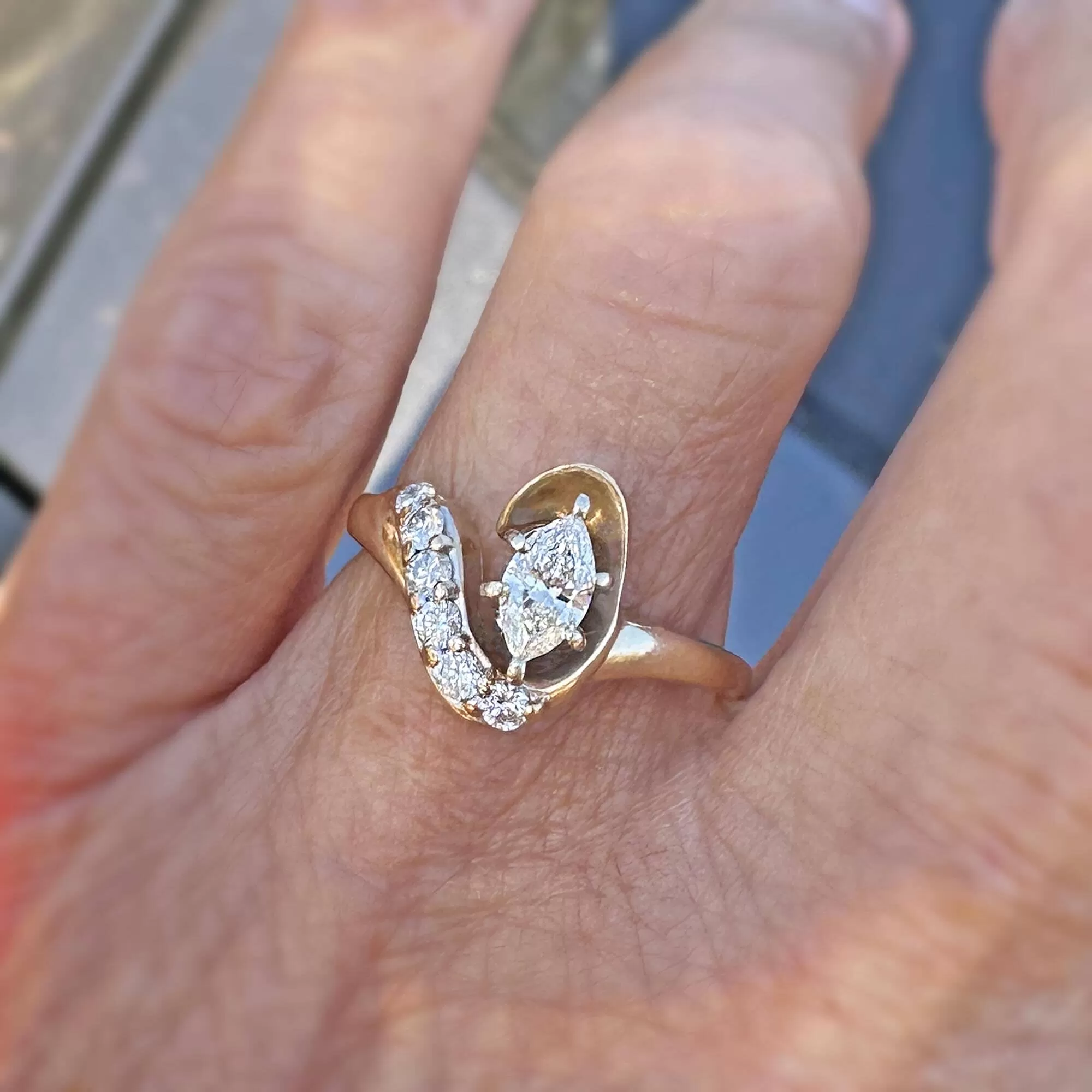 Vintage 14K Gold .75 Carat Marquise Diamond Cocktail Ring