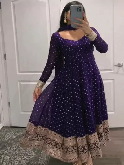 Violet Designer Georgette Anarkali Gown With Dupatta 2Pc