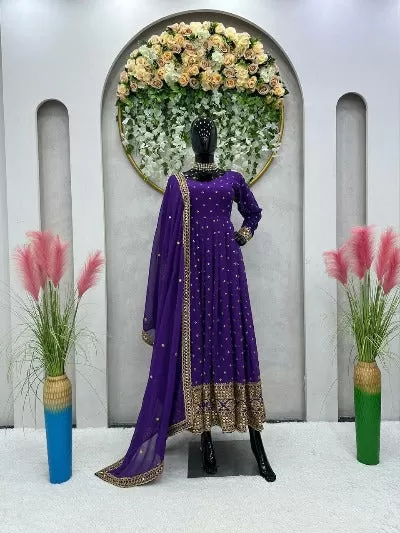 Violet Designer Georgette Anarkali Gown With Dupatta 2Pc