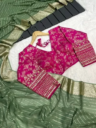 Viscose Georgette Sari with Pink Stitched Blouse