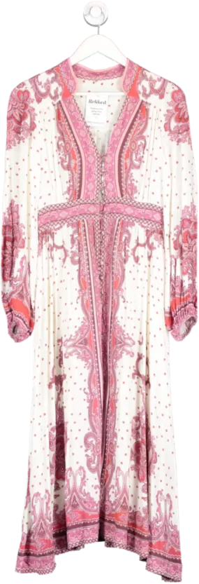 White Linen Blend Paisley Print Dress UK S