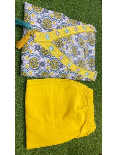 White Yellow Cotton Kurti and Pant Set of 2