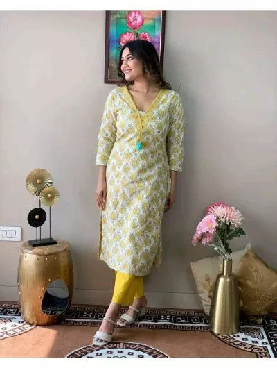 White Yellow Cotton Kurti and Pant Set of 2