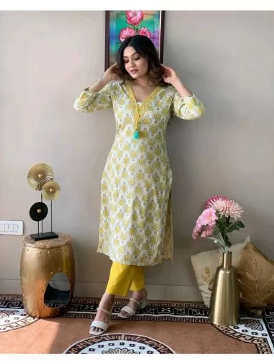 White Yellow Cotton Kurti and Pant Set of 2