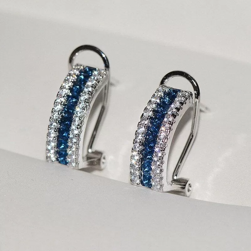 Wide Blue Square Sapphire Stud Earrings - 925 Sterling Silver