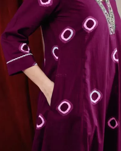 Wine Cotton V Neck Kurti Pant Set