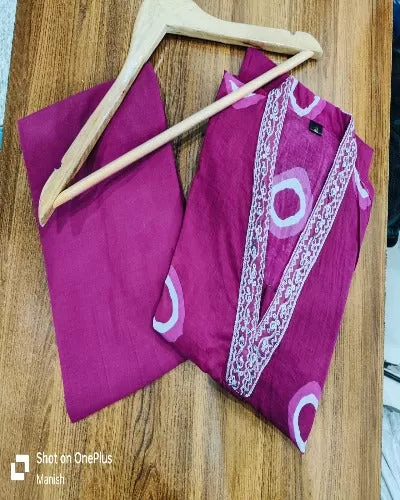 Wine Cotton V Neck Kurti Pant Set