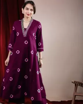 Wine Cotton V Neck Kurti Pant Set