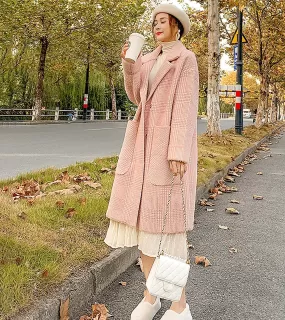 Winter pink plaid fleece coat Women Wool Blend coat Notched lapel drop waist Oversize Trench Woolen Coat Loose Overcoat fall coat outerwear