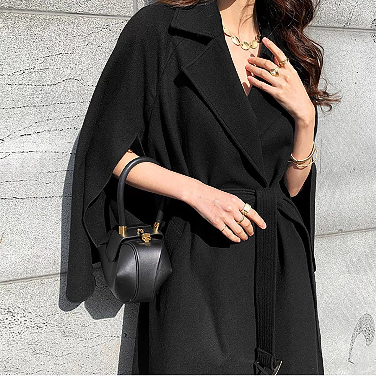 Women Black Wool Coat winter woolen cloak coat Fall Wool Long Coat Oversize Wool Cape Overcoat Outerwear Black Wool Long Trench Coat