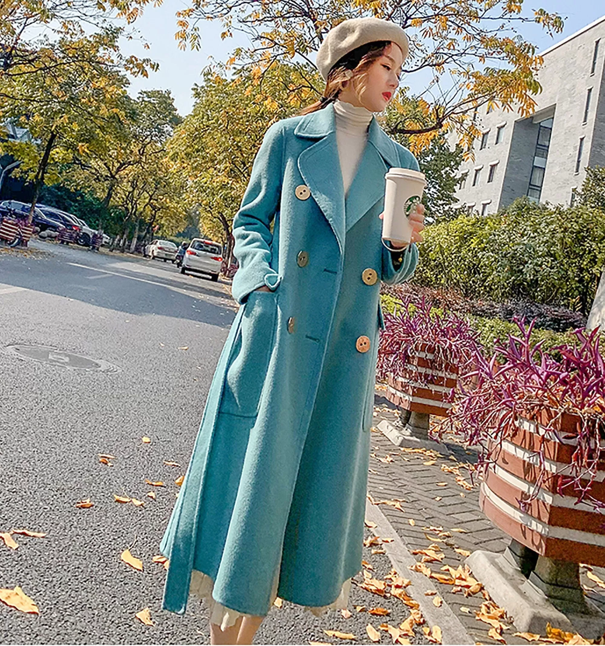 Women Blue double-faced Wool cashmere coat Double-breasted woolen coat Winter wool Blend Overcoat Shift Waist Belted fall coat outerwear