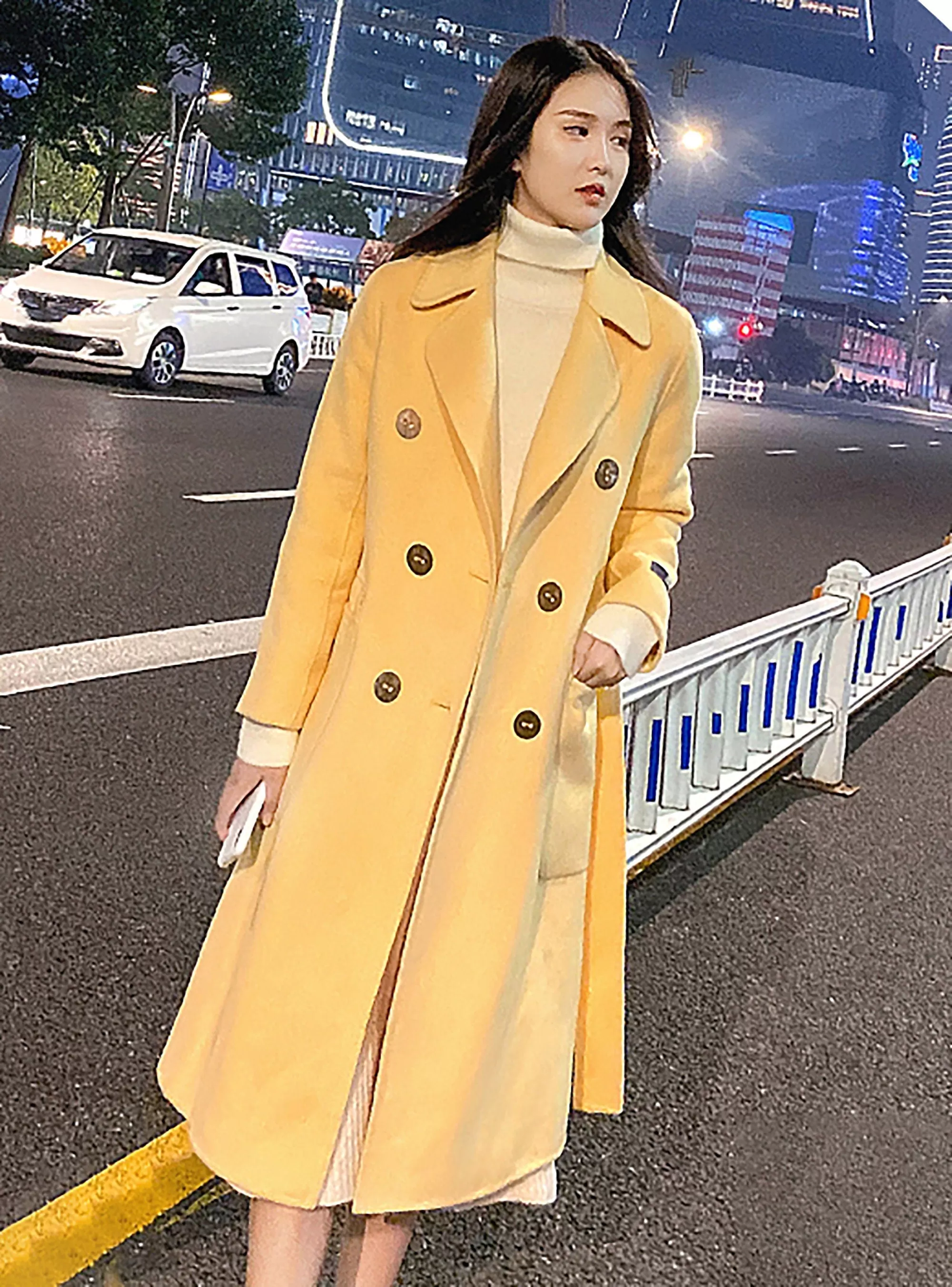 Women Blue double-faced Wool cashmere coat Double-breasted woolen coat Winter wool Blend Overcoat Shift Waist Belted fall coat outerwear