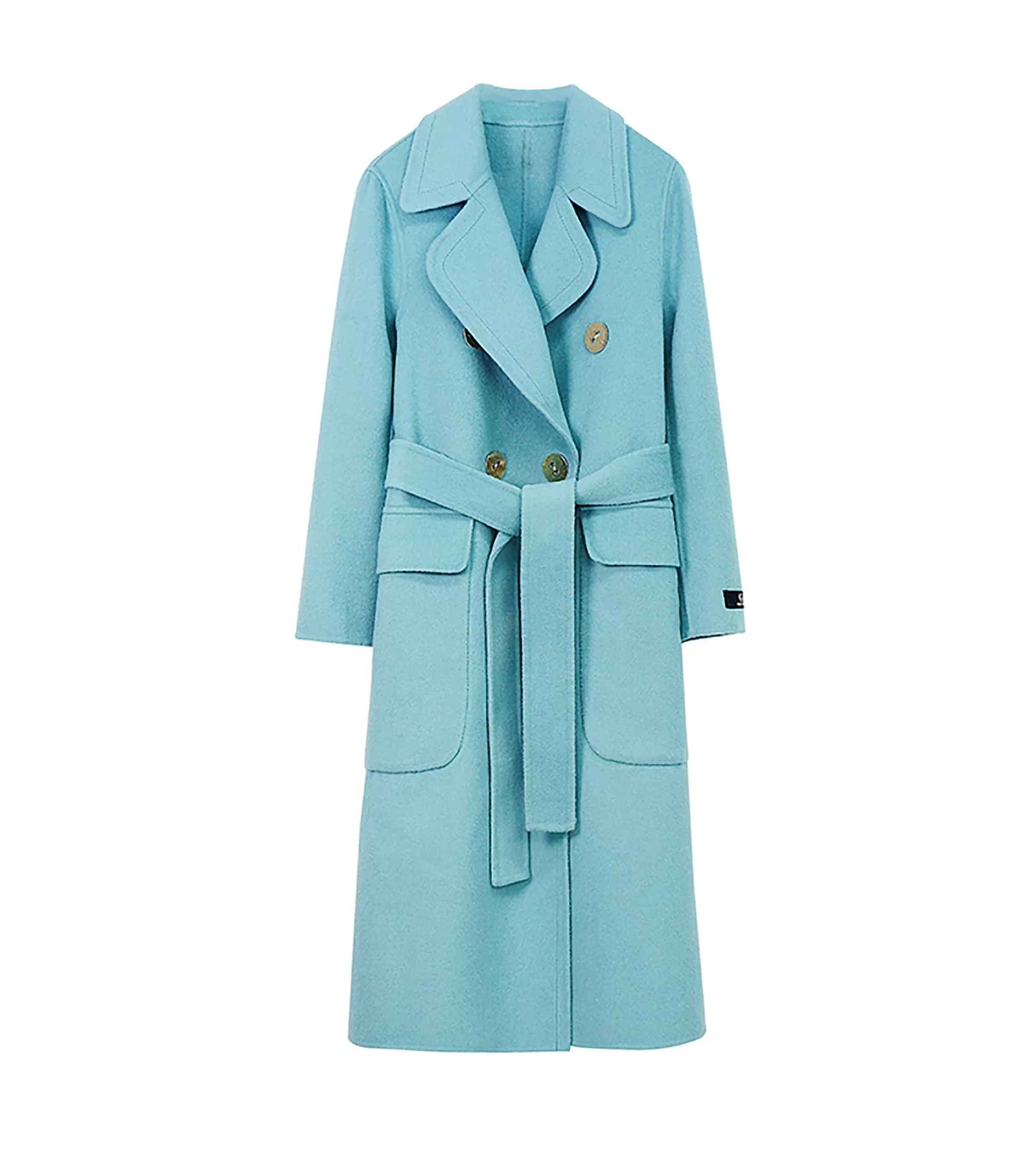 Women Blue double-faced Wool cashmere coat Double-breasted woolen coat Winter wool Blend Overcoat Shift Waist Belted fall coat outerwear