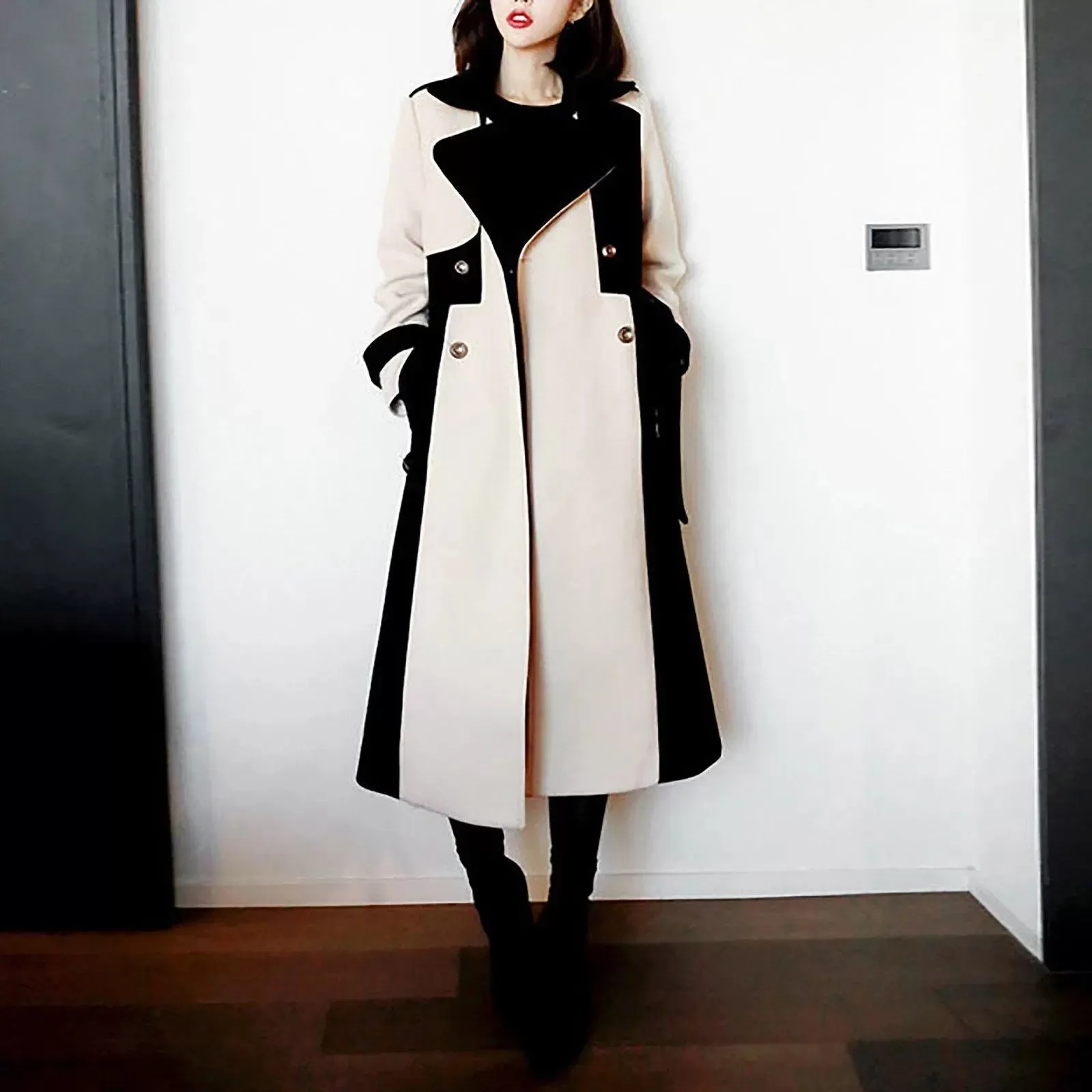 Women Contrast Wool Trench Coat,Double-Breasted Woolen Coat,Fall Winter Coat,women Wool Blend Long Coat Outerwear,Belted Wool Coat Outerwear