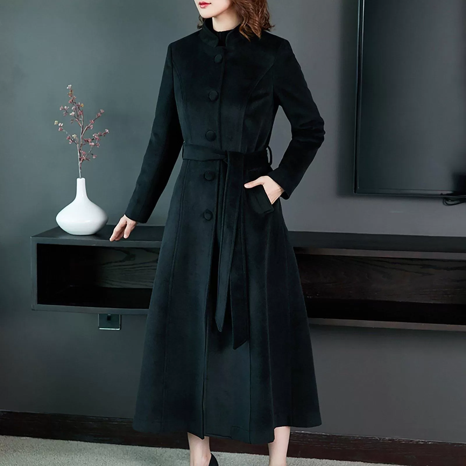 Women Custom Long Wool coat,Winter Wool Wrap Coat,Stand-up collar thick woolen coat,over the knee long Wool Blend Coat,cashmere Overcoat