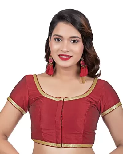 Women Maroon Silk Cotton Round Neck Solid Readymade Saree Blouse