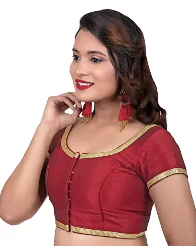 Women Maroon Silk Cotton Round Neck Solid Readymade Saree Blouse