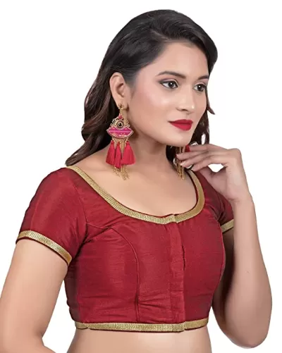 Women Maroon Silk Cotton Round Neck Solid Readymade Saree Blouse