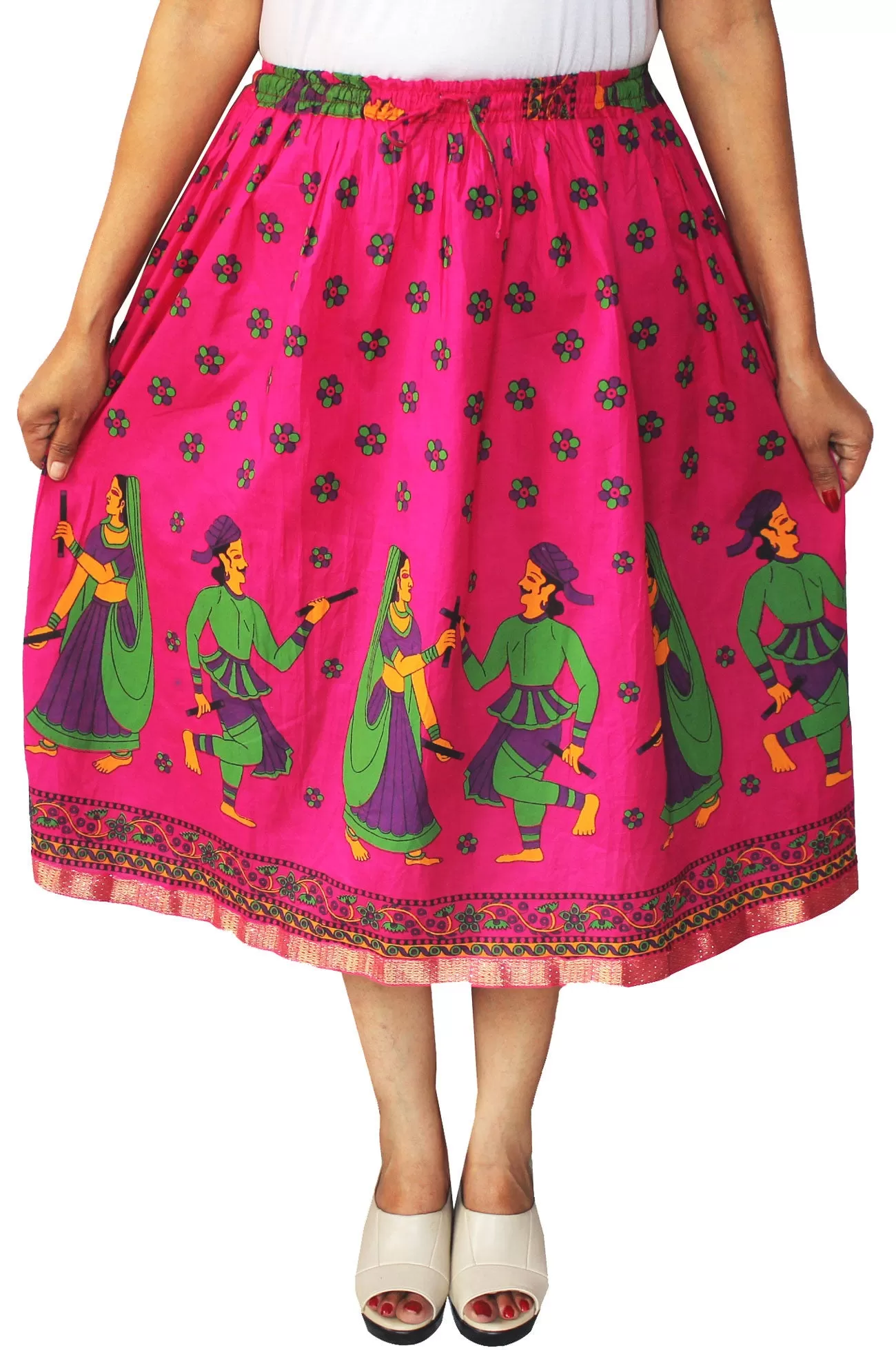 Women Printed Cotton Long Skirt India Clothes (Pink)