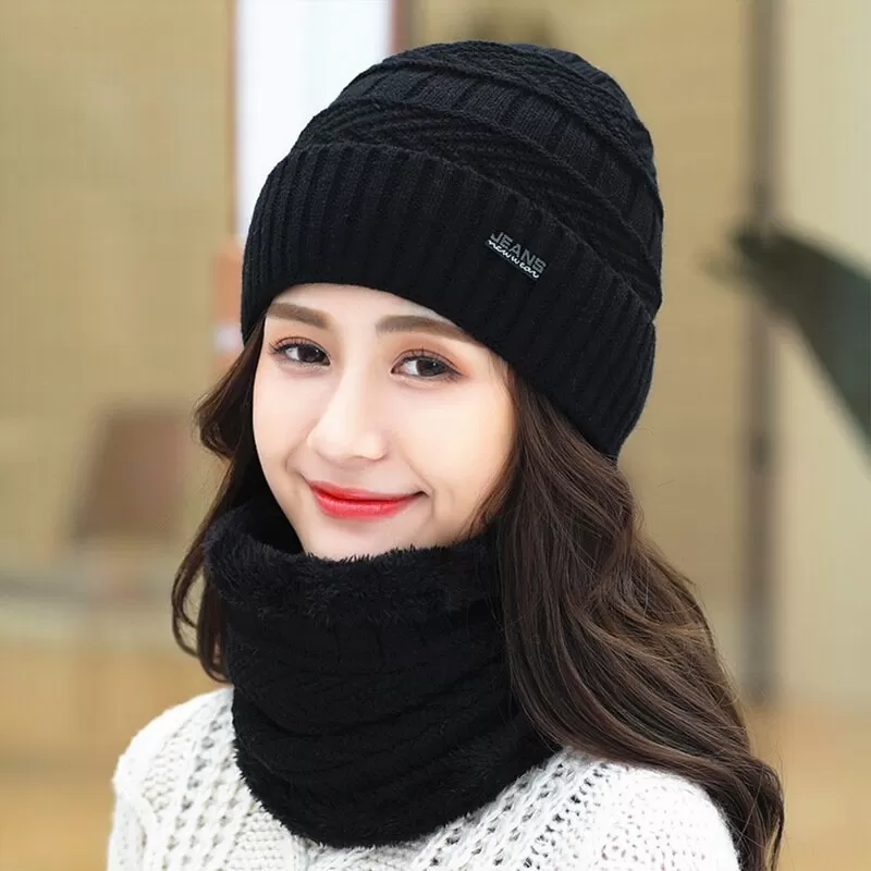 Women Wool Knitted Windproof Winter Outdoor Thick Hat Scarf