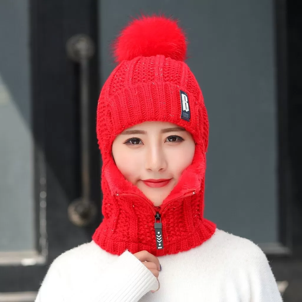 Women Wool Knitted Windproof Winter Outdoor Thick Hat Scarf