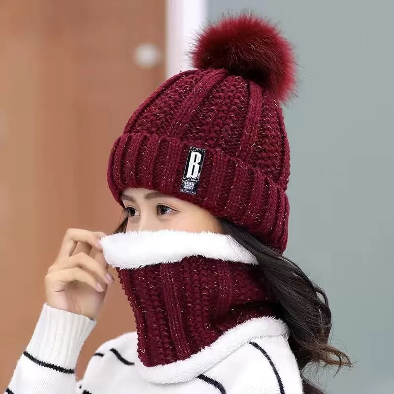 Women Wool Knitted Windproof Winter Outdoor Thick Hat Scarf