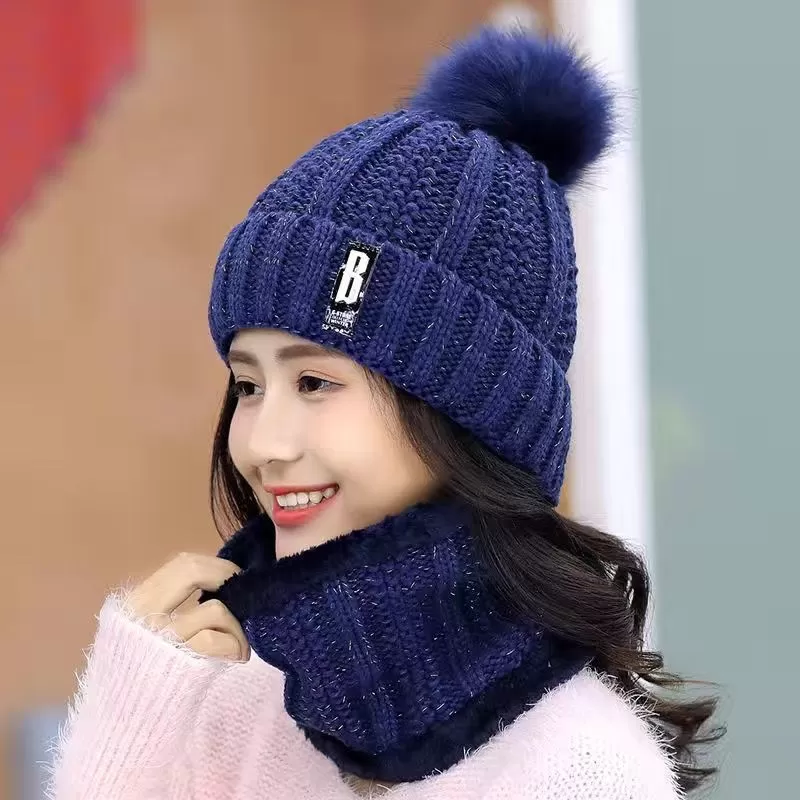 Women Wool Knitted Windproof Winter Outdoor Thick Hat Scarf