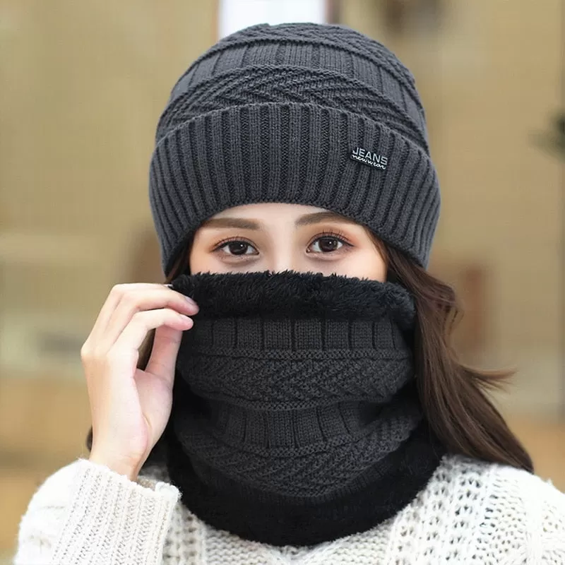 Women Wool Knitted Windproof Winter Outdoor Thick Hat Scarf