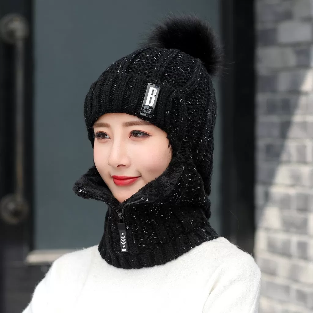 Women Wool Knitted Windproof Winter Outdoor Thick Hat Scarf