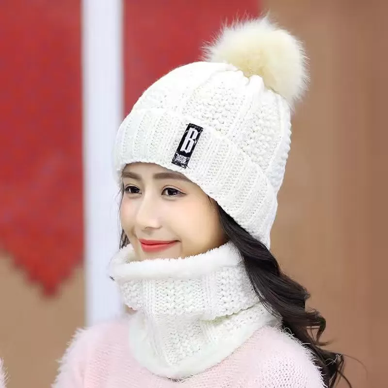 Women Wool Knitted Windproof Winter Outdoor Thick Hat Scarf