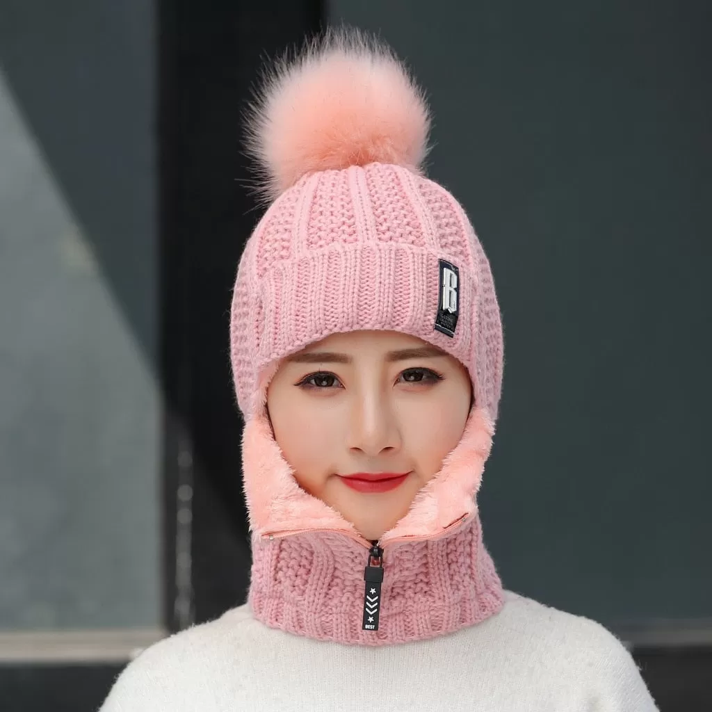 Women Wool Knitted Windproof Winter Outdoor Thick Hat Scarf