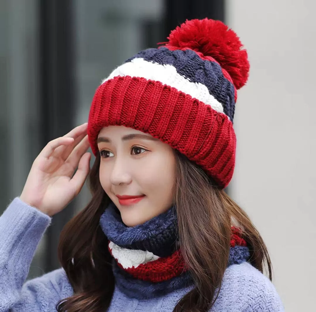 Women Wool Knitted Windproof Winter Outdoor Thick Hat Scarf