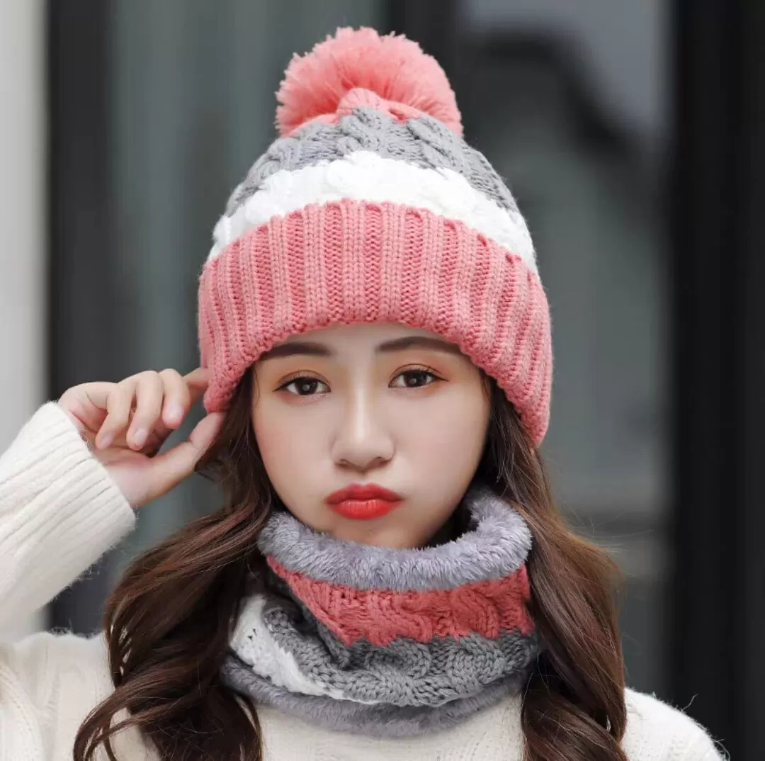 Women Wool Knitted Windproof Winter Outdoor Thick Hat Scarf