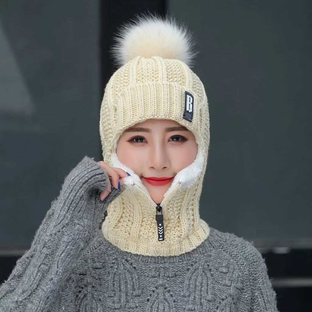 Women Wool Knitted Windproof Winter Outdoor Thick Hat Scarf