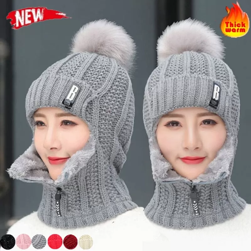 Women Wool Knitted Windproof Winter Outdoor Thick Hat Scarf