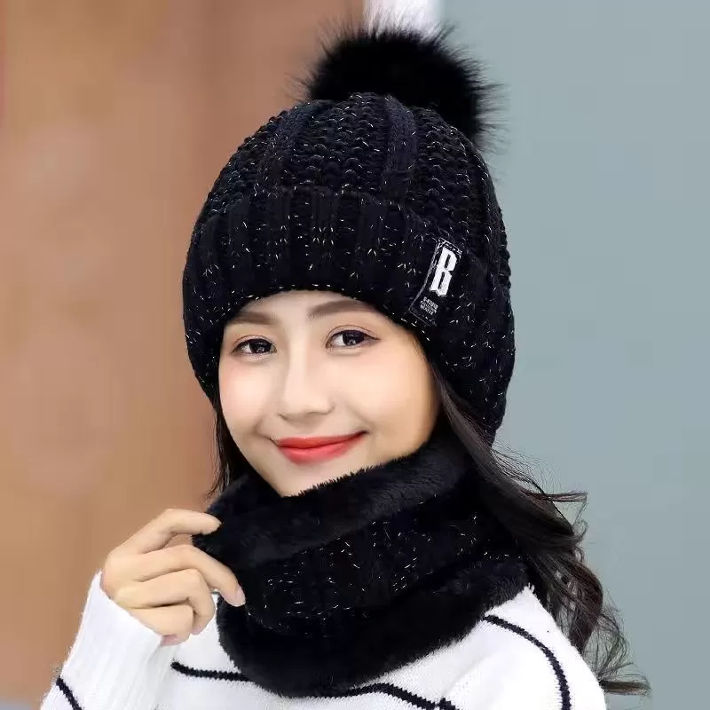 Women Wool Knitted Windproof Winter Outdoor Thick Hat Scarf