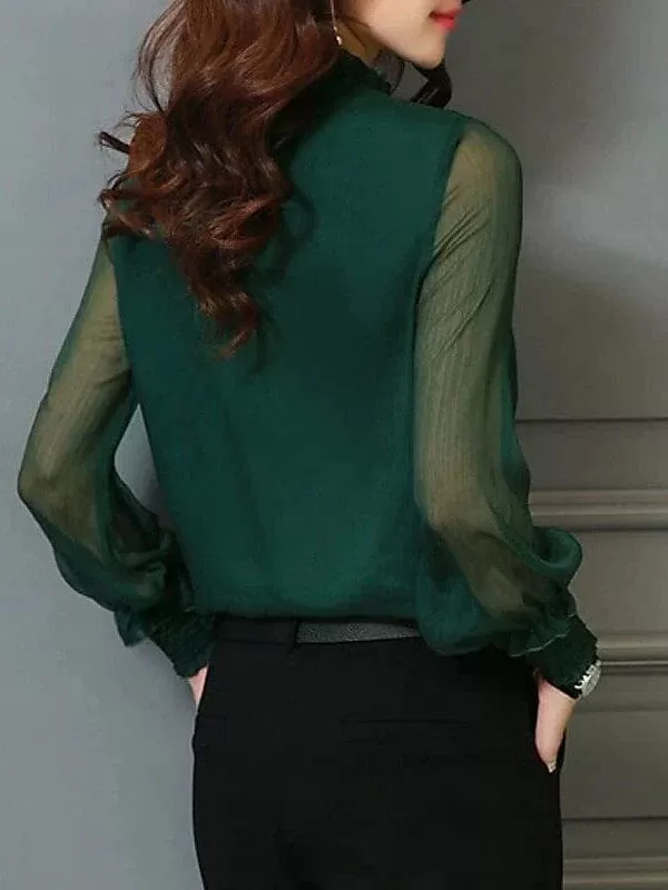 Women's Turtleneck Mesh Detail Shirt Blouse with Lantern Sleeves