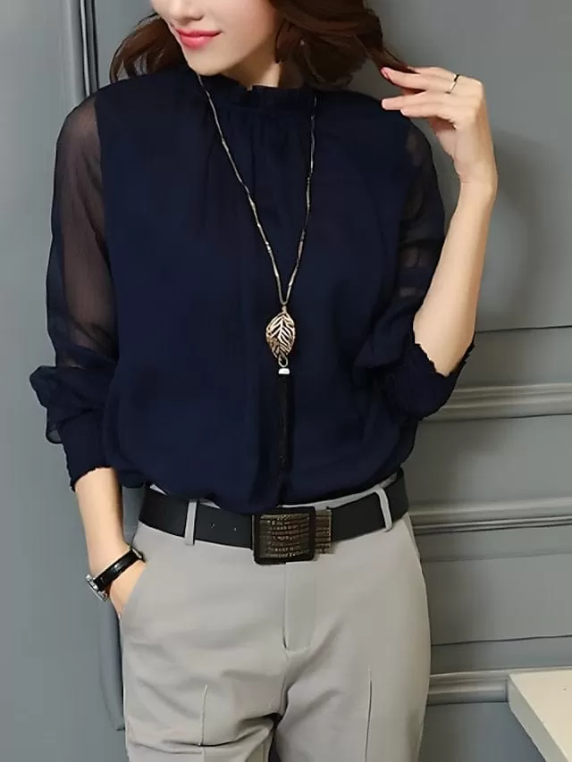 Women's Turtleneck Mesh Detail Shirt Blouse with Lantern Sleeves