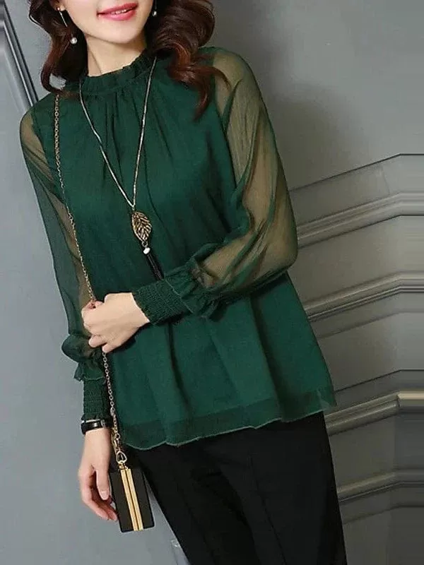 Women's Turtleneck Mesh Detail Shirt Blouse with Lantern Sleeves