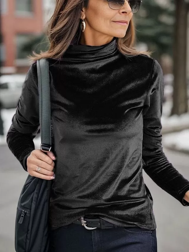 Women's Velvet Turtleneck Shirt Blouse in Black, Brown, and Green